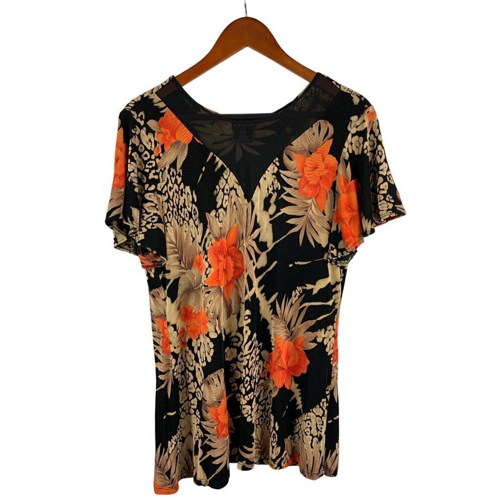 Citiknits XS Floral & Animal Print Top Black/Orange V-Neck